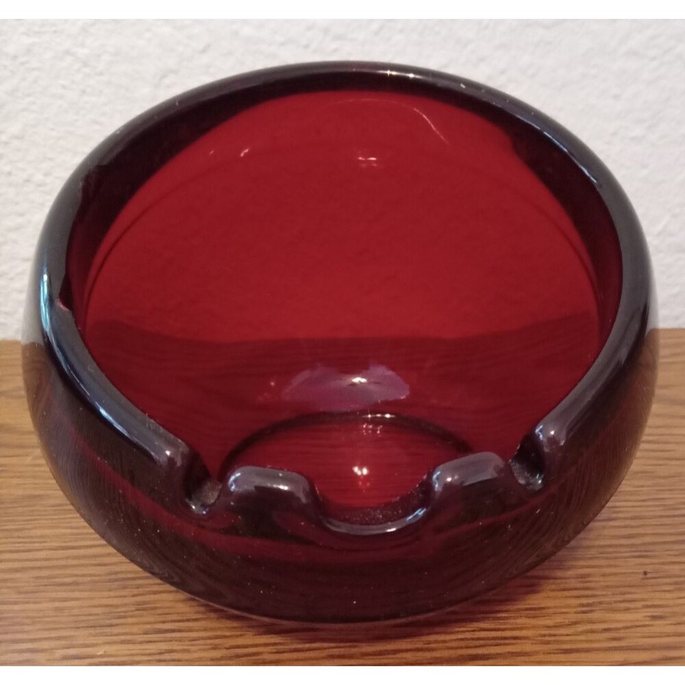 Vtg Ruby Red ORB Glass Ashtray 1 Slot Large Heavy Slanted Cigarette or Cigar